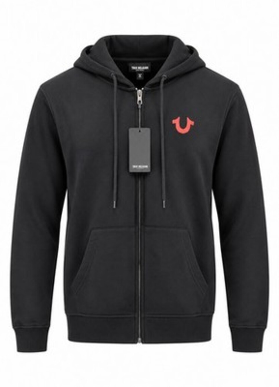 True Religion Bold TR Zip Hoodie Mens L Jet Black Red Horseshoe Buddha NWT $119